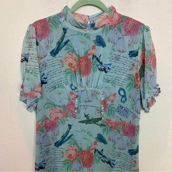 NWT Lindy Bop Retro Amelia Dress Mint Planes Floral Size US 12 Love Letters Blue - Picture 4 of 16